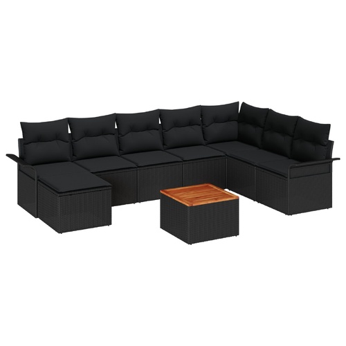 9 Piece Garden Sofa Set with Cushions Black Poly Rattan Acacia, 2-Seater Garden Sofa with Storage & Cushions Black Poly Rattan