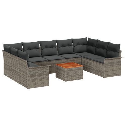 10 Piece Garden Sofa Set with Cushions Grey Poly Rattan Acacia