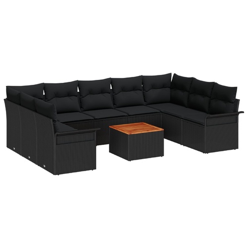 10 Piece Garden Sofa Set with Cushions - Black Poly Rattan and Acacia
