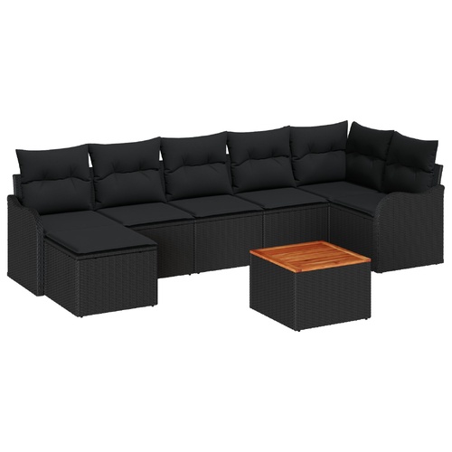 8 Piece Garden Sofa Set with Cushions - Black Poly Rattan Acacia