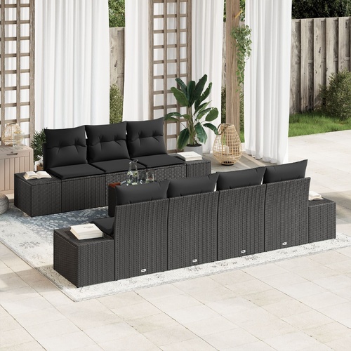 8 Piece Garden Sofa Set with Cushions Black Poly Rattan Acacia