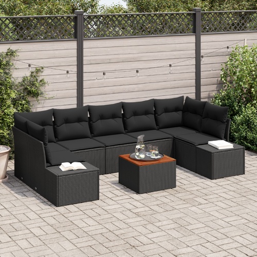 8 Piece Garden Sofa Set with Cushions Black Poly Rattan Acacia
