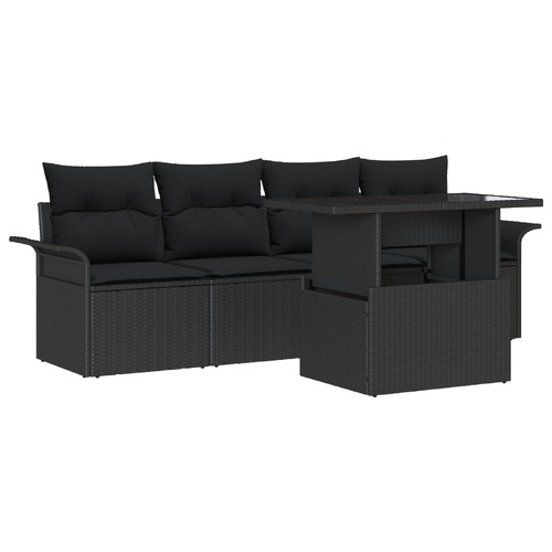 5 Piece Garden Sofa Set with Cushions Black Poly Rattan, 2-Seater Garden Sofa with Storage & Cushions Black Poly Rattan