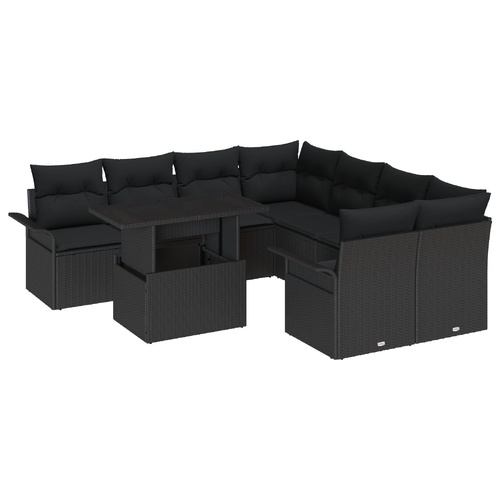 Garden Sofa Set with Cushion 9 pcs Black Poly Rattan