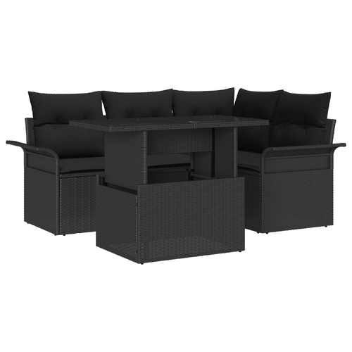 5 Piece Garden Sofa Set with Cushions Black Poly Rattan