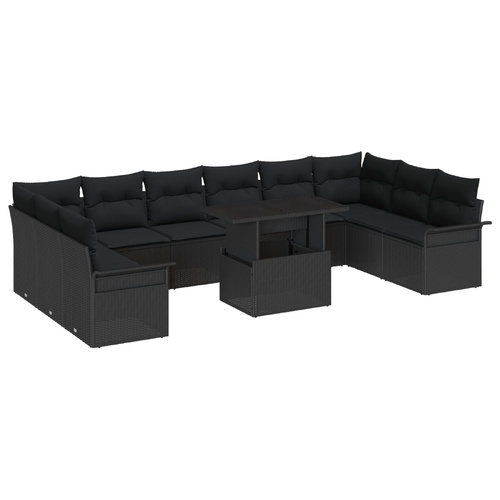 Garden Sofa Set with Cushion Manual 11 pcs Black Poly Rattan