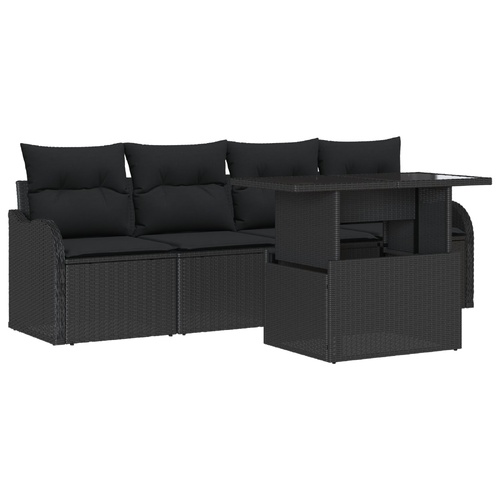 5 Piece Garden Sofa Set with Cushions Black Poly Rattan