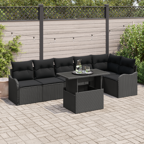 7 Piece Garden Sofa Set with Cushions Black Poly Rattan
