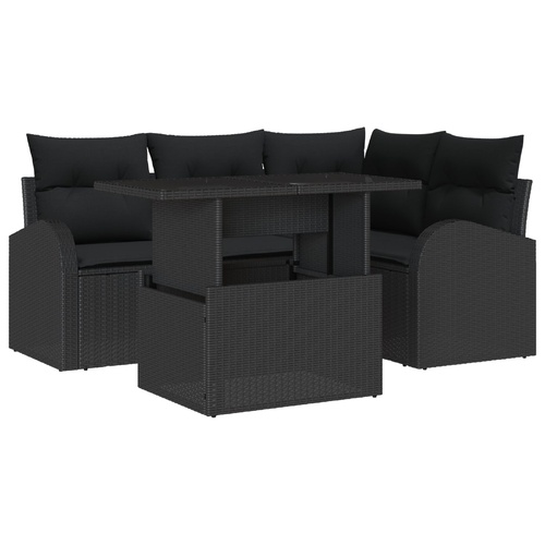 5 Piece Garden Sofa Set with Cushions - Black Poly Rattan