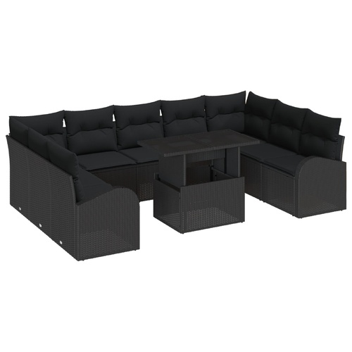 10 Piece Garden Sofa Set with Cushions - Black Poly Rattan