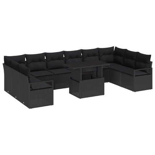 Garden Sofa Set with Cushion 11 pcs Black Poly Rattan