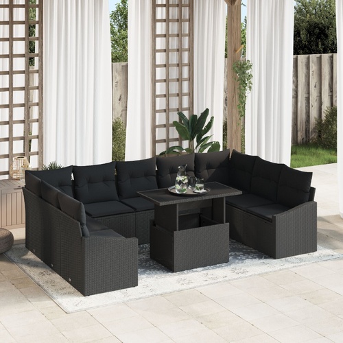 10 Piece Garden Sofa Set with Cushions - Black Poly Rattan