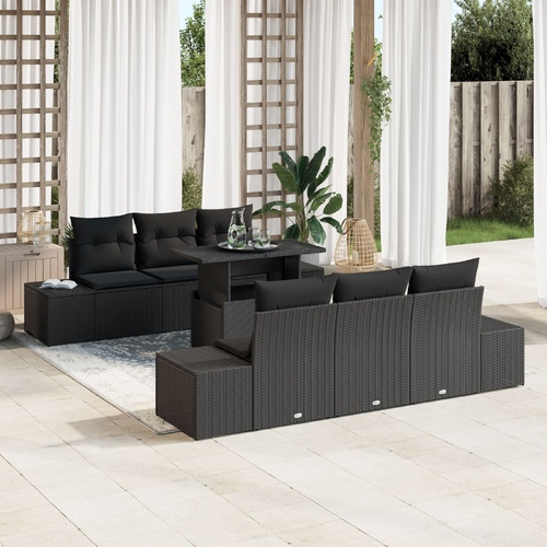 7 Piece Garden Sofa Set with Cushions Black Poly Rattan