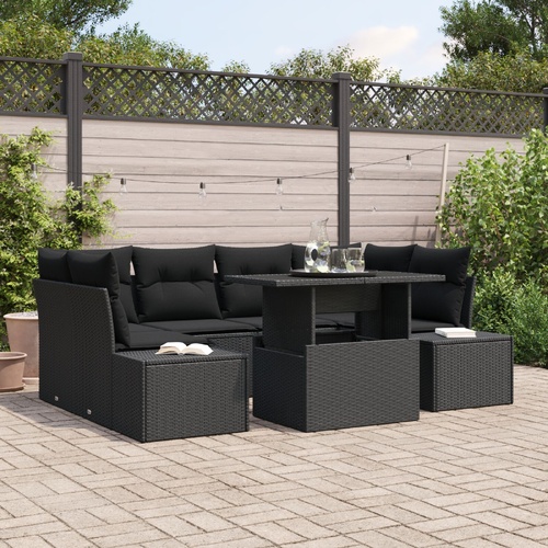 7 Piece Garden Sofa Set with Cushions Black Poly Rattan