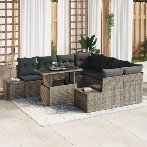 Garden Sofa Set 9 pcs Grey Poly Rattan and Powder-Coated Steel