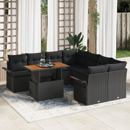 9 Piece Garden Sofa Set with Cushions Black Poly Rattan