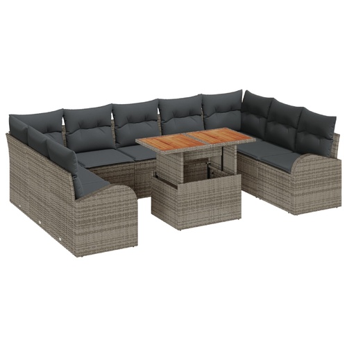 10 Piece Garden Sofa Set with Cushions - Grey Poly Rattan