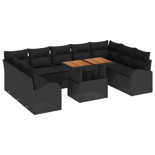 10 Piece Garden Sofa Set with Cushions - Black Poly Rattan