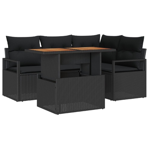 5 Piece Garden Sofa Set with Cushions Black Poly Rattan