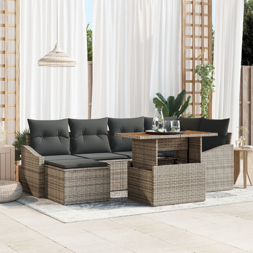 7 Piece Garden Sofa Set with Cushions - Grey Poly Rattan