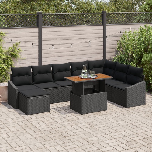 9 Piece Garden Sofa Set with Cushions Black Poly Rattan
