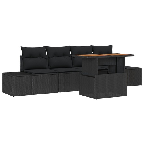5 Piece Garden Sofa Set with Cushions Black Poly Rattan