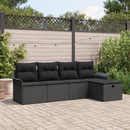 5 Piece Garden Sofa Set with Cushions Black Poly Rattan