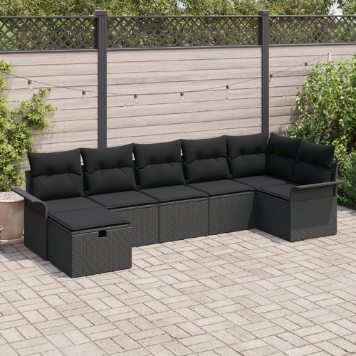 7 Piece Garden Sofa Set with Cushions Black Poly Rattan