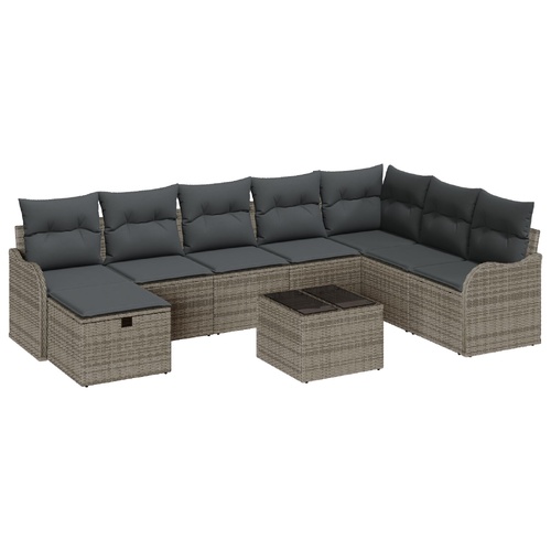 Sofa Set with Cushion with Storage 9 pcs Grey Poly Rattan