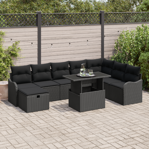9 Piece Garden Sofa Set with Cushions Black Poly Rattan