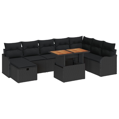 Garden Sofa Set with Cushion 9 pcs Black Poly Rattan