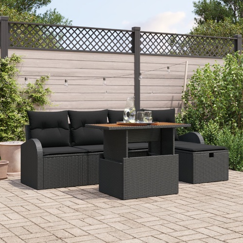 6 Piece Garden Sofa Set with Cushions Black Poly Rattan