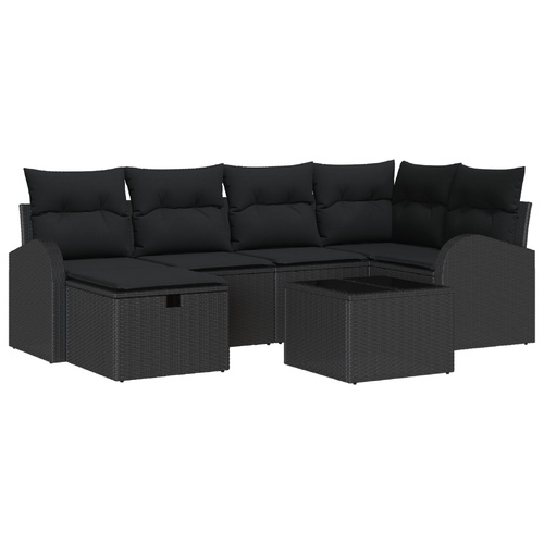 7 Piece Outdoor Sofa Set with Cushions - Black Poly Rattan