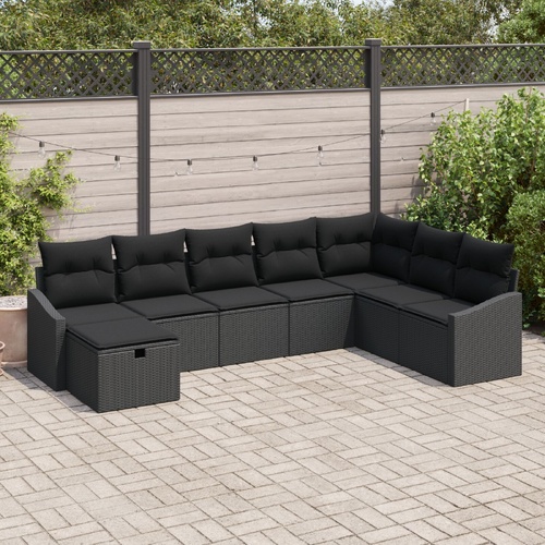 8 Piece Garden Sofa Set with Cushions Black Poly Rattan