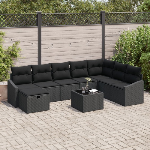 9 Piece Garden Sofa Set with Cushions Black Poly Rattan