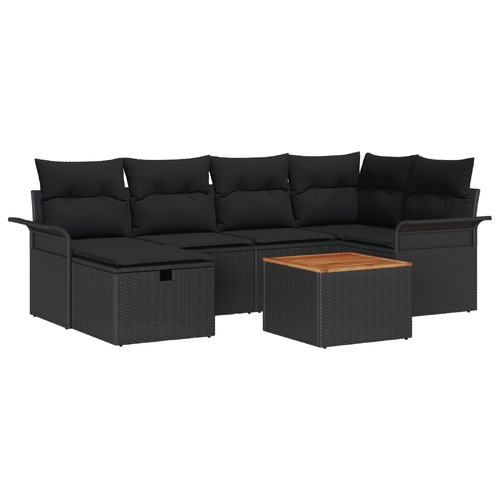 7 Piece Garden Sofa Set with Black Cushions, Poly Rattan