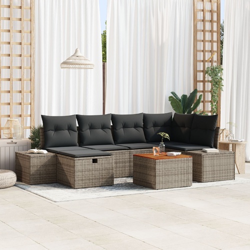 7 Piece Garden Sofa Set with Cushions Grey Poly Rattan
