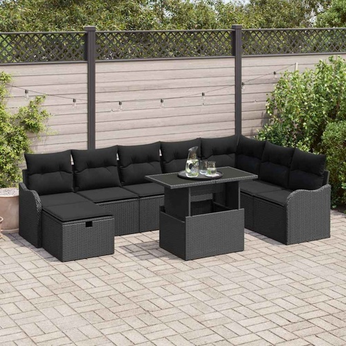 Garden Sofa Set with Cushion 9 pcs Black Poly rattan