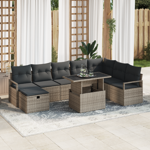 9 Piece Garden Sofa Set with Cushions Grey Poly Rattan