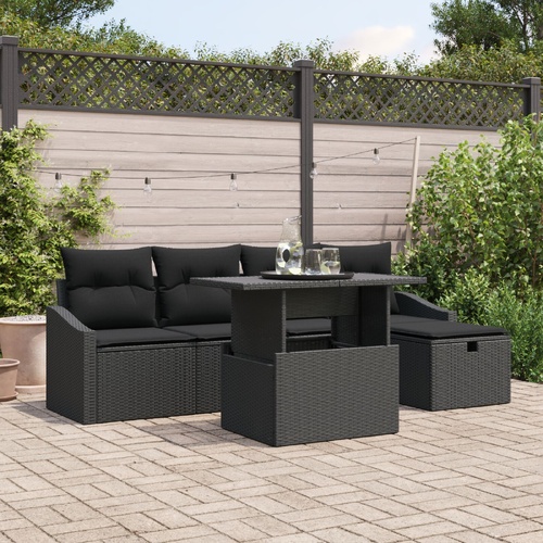 Garden Sofa Set with Cushion 6 pcs Black Poly Rattan