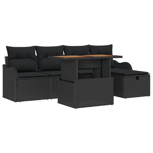 6 Piece Garden Sofa Set with Cushions - Black Poly Rattan