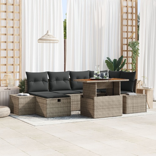 7 Piece Garden Dining Set with Cushions Grey Poly Rattan Acacia