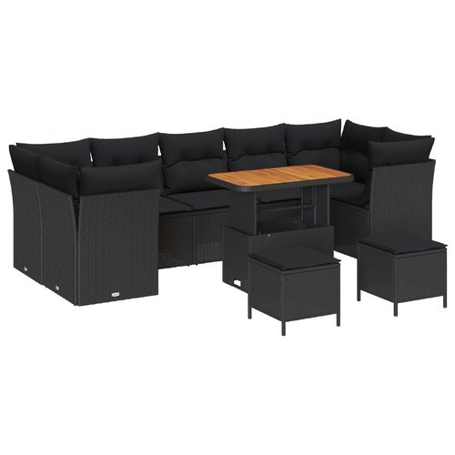 10 Piece Garden Sofa Set with Cushions - Black Poly Rattan and Acacia