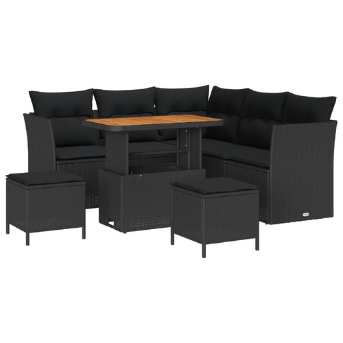 8 Piece Garden Sofa Set with Cushions Black Poly Rattan Acacia, 3 Piece Garden Dining Set with Cushions Black Poly Rattan Acacia