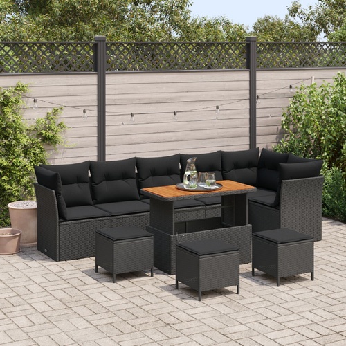 10 Piece Garden Sofa Set with Cushions - Black Poly Rattan and Acacia.
