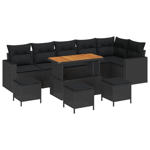 10 Piece Garden Sofa Set with Cushions - Black Poly Rattan and Acacia