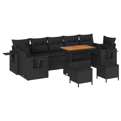 10 Piece Garden Sofa Set with Cushions - Black Poly Rattan and Acacia