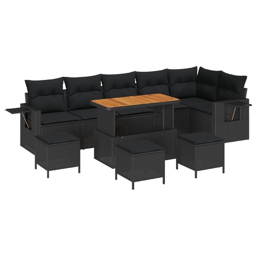 10 Piece Garden Couch Set with Cushions Black Poly Rattan Acacia, 4 Piece Garden Dining Set with Cushions Black Poly Rattan Acacia