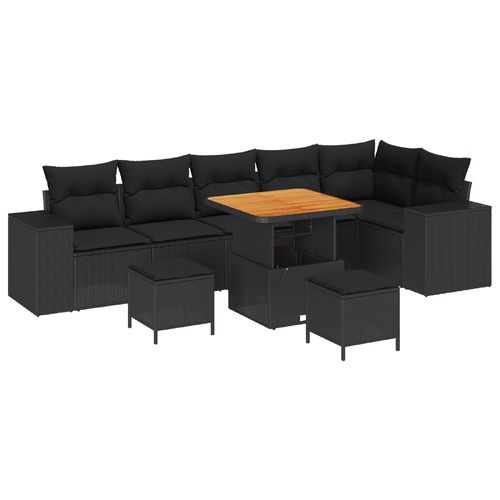 Garden Sofa Set with Cushion 9 pcs Black Poly Rattan