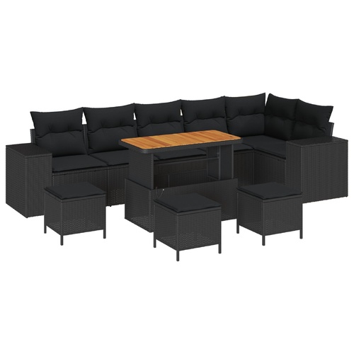 10 Piece Garden Sofa Set with Cushions - Black Poly Rattan and Acacia.